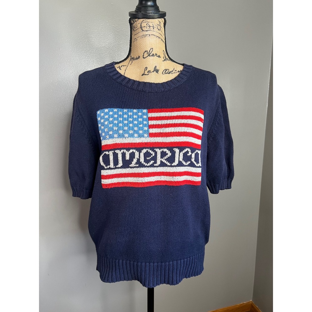 Lands End Drifter Sweater Womens Small Navy Blue American Flag Short Sleeve